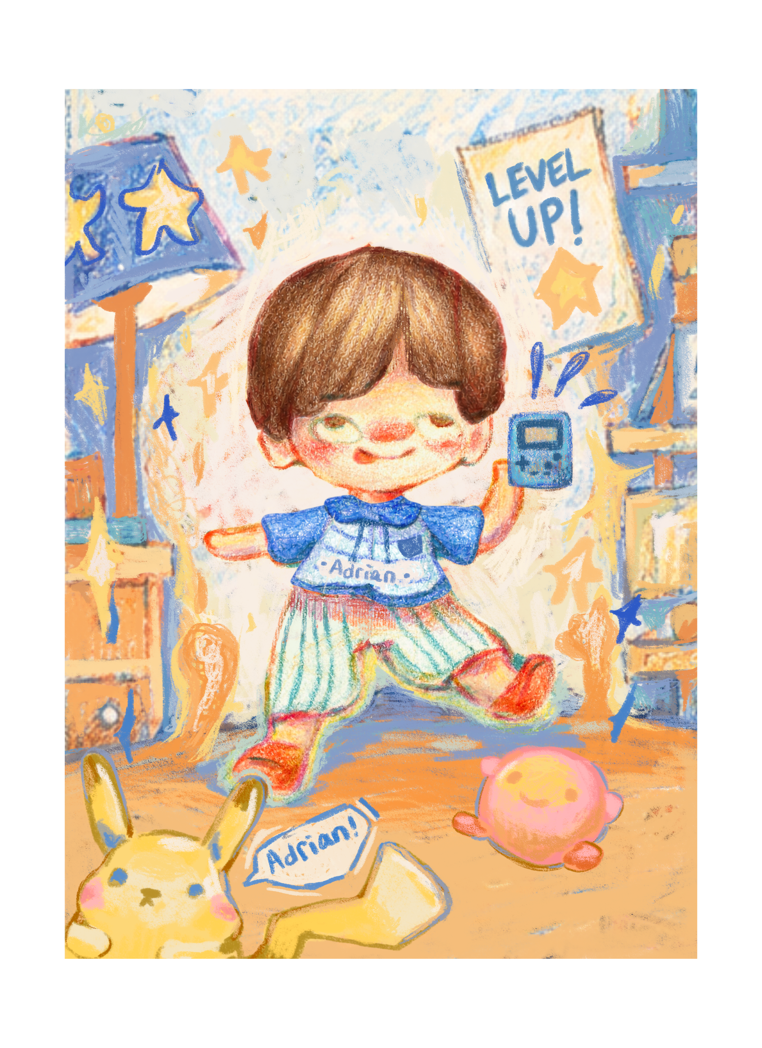 Custom Little Chapter illustration of a child in a colourful Level Up gaming scene