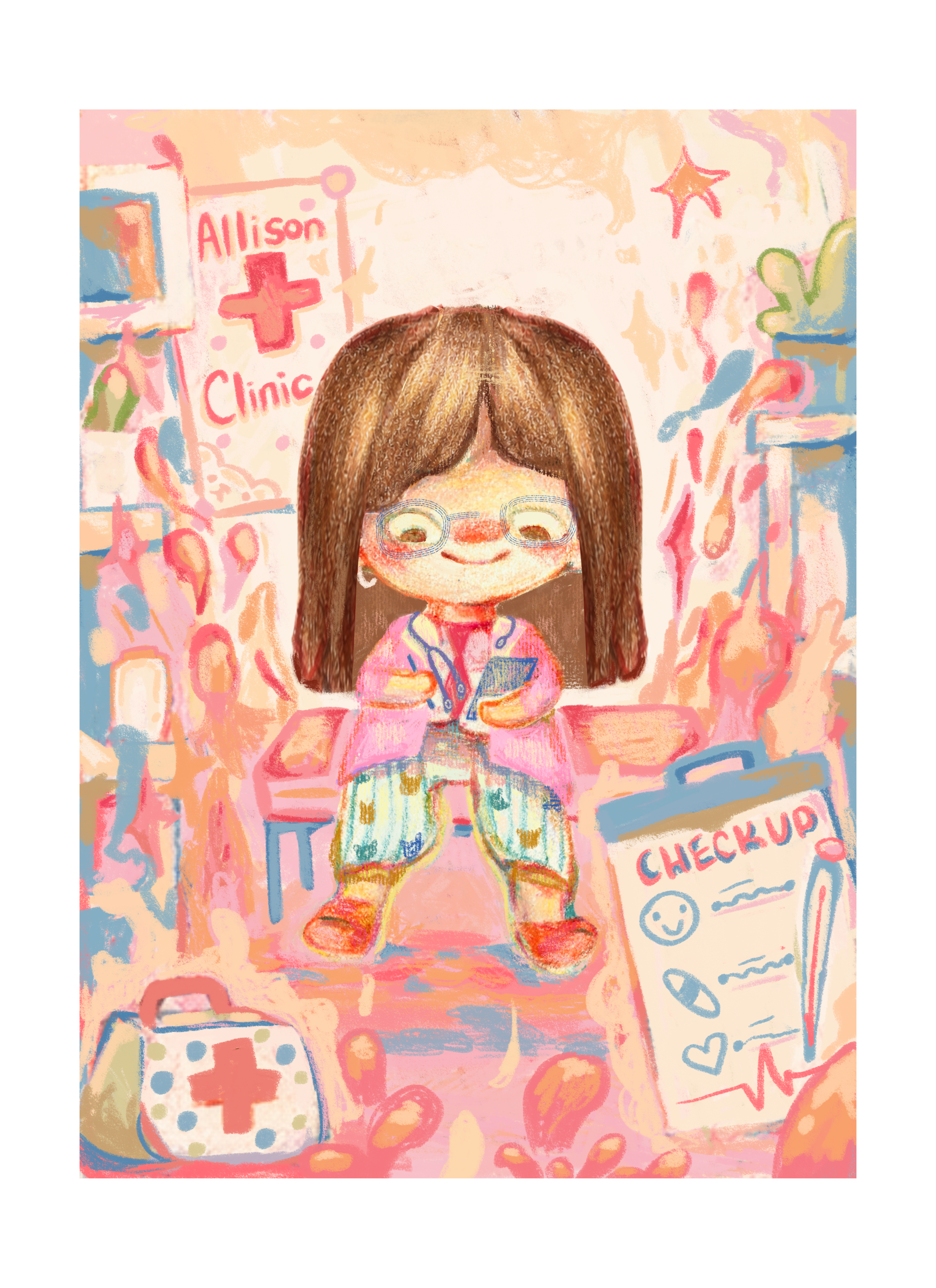 Custom Little Chapter illustration of a child in her own colourful clinic