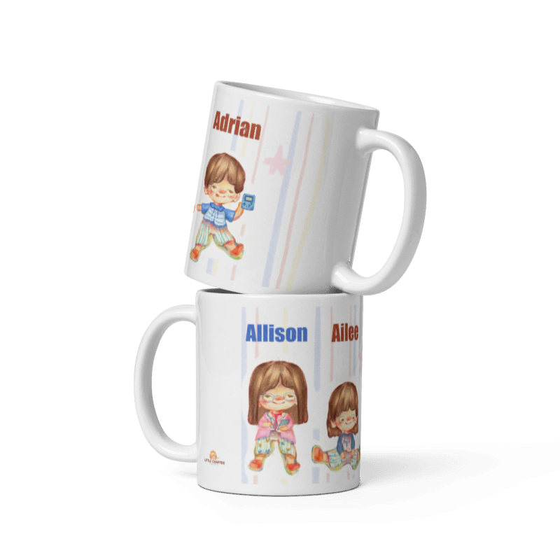 Two child mugs stacked to show different sides